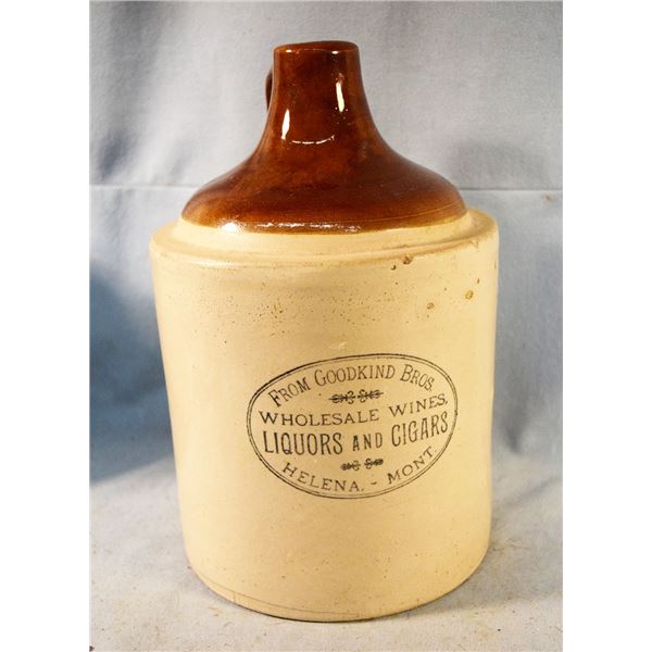 Goodkind Bros Wholesale Wines, Liquor and Cigars, Helena, MT, whiskey jug, 1 gal, crack on base