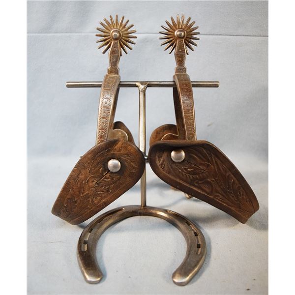 Buermann early etched iron spurs with cookie cutter rowel and nice straps