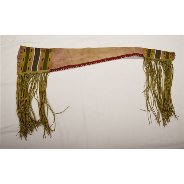 Vintage beaded and fringed Indian-made gun sheath, trade cloth trim, 38.5"l., fringe 15-16" l., Fort