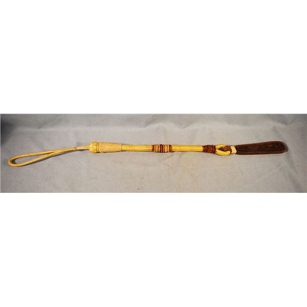 Rawhide braided quirt, 33.5" l., loop handle, tooled leather double flapper, 5 tone, nice