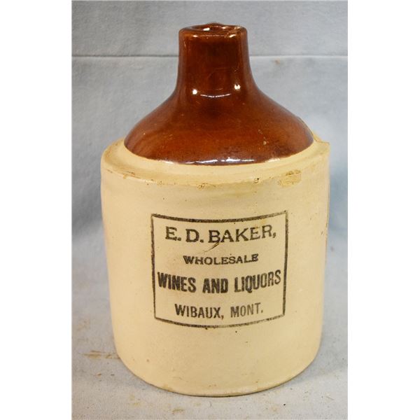E. D. Baker Wholesale Wines & Liquors, Wibaux, MT, whiskey jug, 1/2 gal, handle broke and large crac