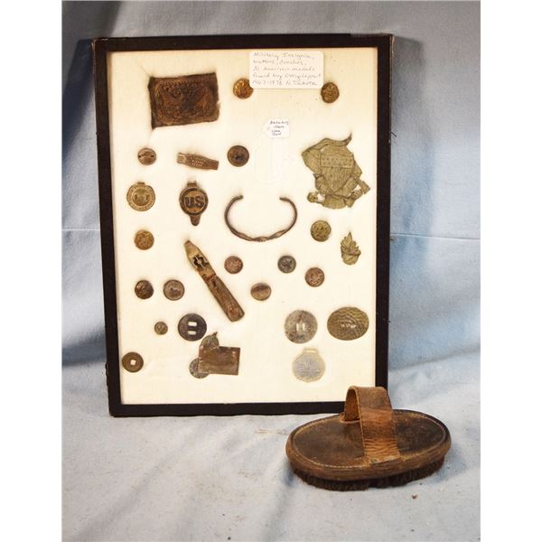 2 pcs: U.S. Cavalry horse brush, stamped & Riker case with Military Insignia, buttons, ponchos, N. A