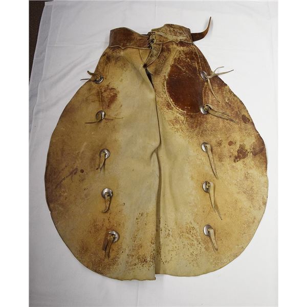 J. W. Kirwan (Douglas, WY) heavy bull hide chaps, cowboy look, 29", ca. early 1900's