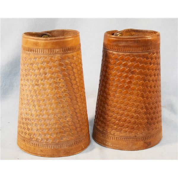 Clark (Portland, OR) basket stamped leather wrist cuffs, #58, 7" tall, snap bears the mark