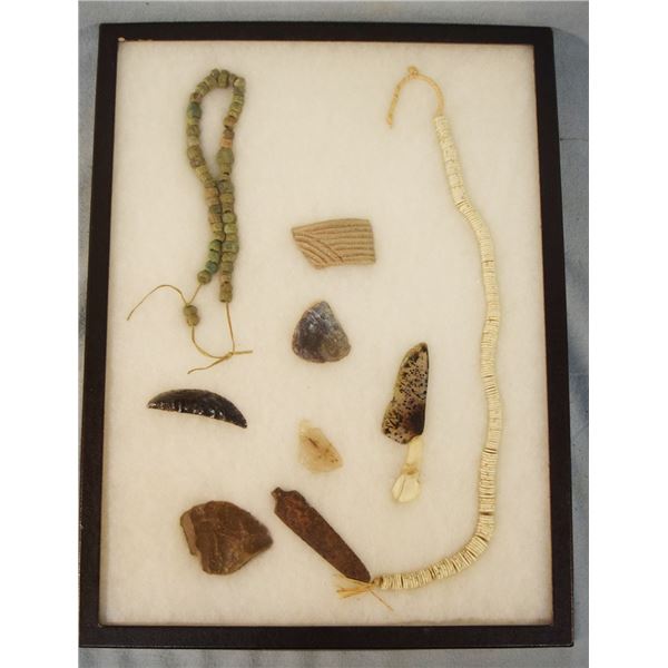 (2) Riker Cases: 10 trade beads, dentilium shells, pottery pieces & 38 buttons, clam shells, copper 