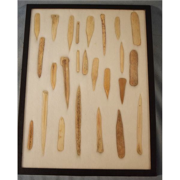 2 Riker Cases: 25 bone awls and quill flatteners & 21 bone awls and quill flatteners