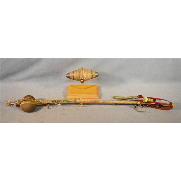 2 pcs: Tomahawk head mounted on stand with leather and beading and tomahawk