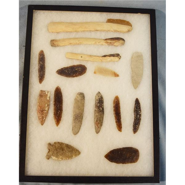 Riker Case: 15 bone knives and arrowheads & 9 scrapers and awl from the Boley site,  North Dakota