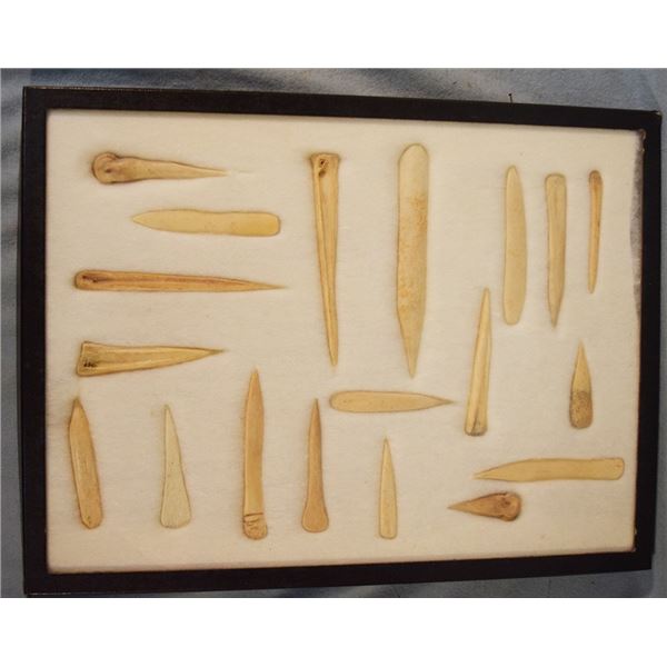 (2) Riker Cases: 19 awls found along the Missouri & 21 bone game pieces, whistles and stone game pie