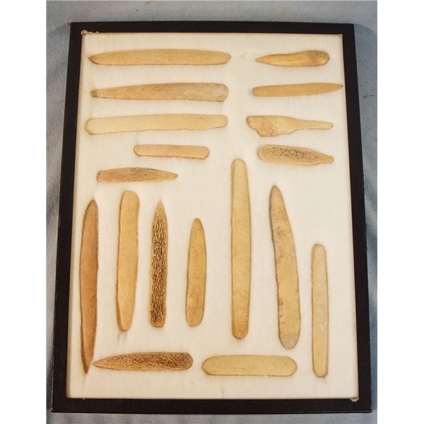 (2) Riker Cases: 18 quill flatteners and awls & 6 squash knives made from bone