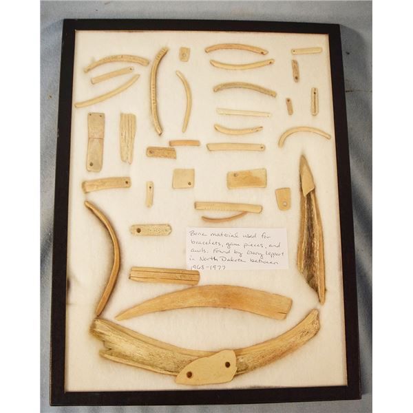 (2) Riker Cases: 34+/- bone materials used for bracelets, game pieces and awls & 30+/- bone awls, hi