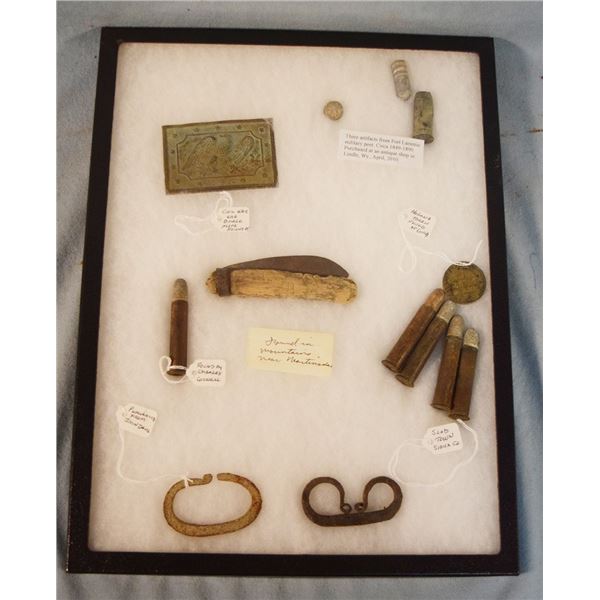 (2) Riker Cases: 13 bone knives, bullets, buckle, Helena token and iron flint pieces & 26 metal poin