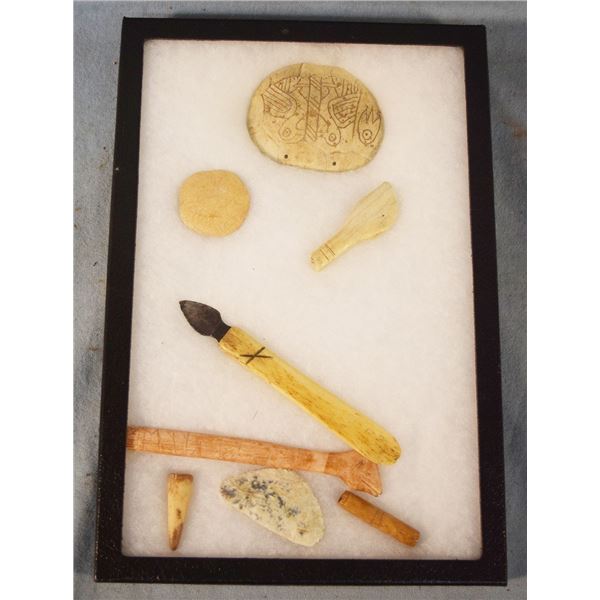 (2) Riker Cases: 8 quill flatteners, breast plate, bead and knife & 4 whistles, fish hook and comb