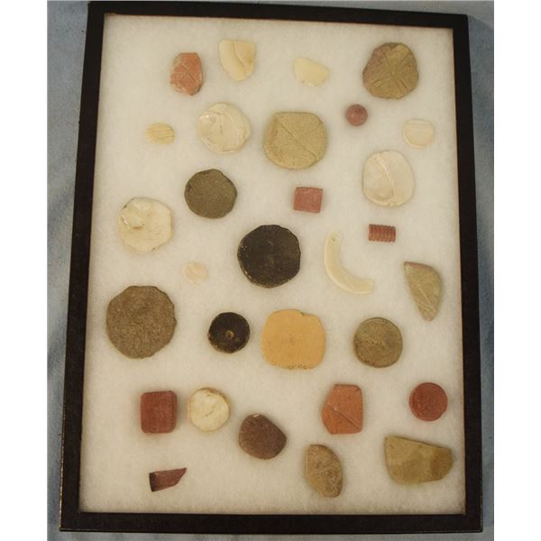 (2) Riker Cases: 31+/- necklaces, game pieces, pipestone marble and bead pieces & 6 bone tools and s