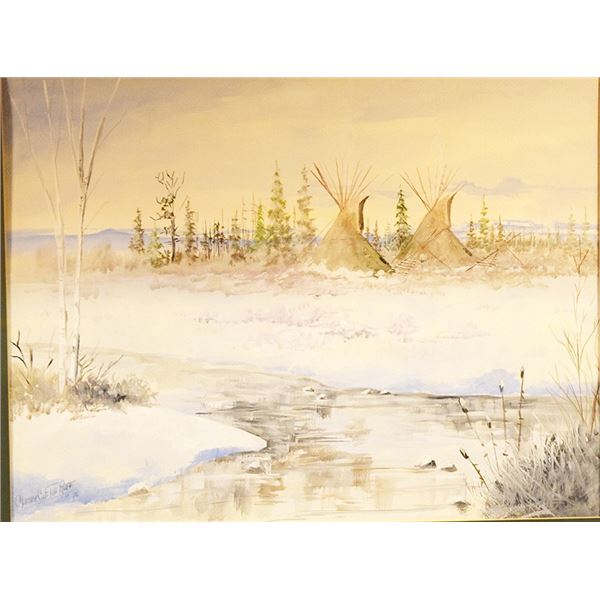 Cuts the Rope, Clarence, original water color, Teepee Camp, 18" x 24", framed, 1976, signed lower le