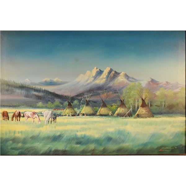 Cuts the Rope, Clarence, original oil on board, Morning at Camp Creek Camp, 24" x 36", framed, 1995,