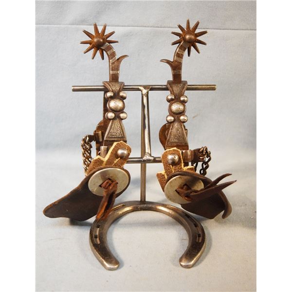 1880's silver inlaid spurs, sterling silver, "bow tie" pattern, double heel chains, unmarked, extrem