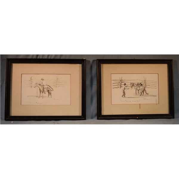 (2) Calvin Bohleen pencil sketches, 1977, First Tug on a Green One & A Handful of Peace and Quiet, b