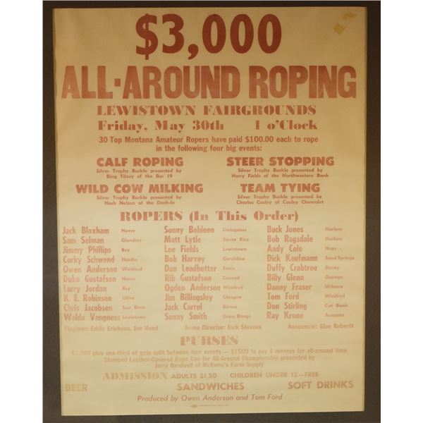 Lewistown, MT Rodeo poster, circa 1950's-1960's, 20.5" x 16", framed