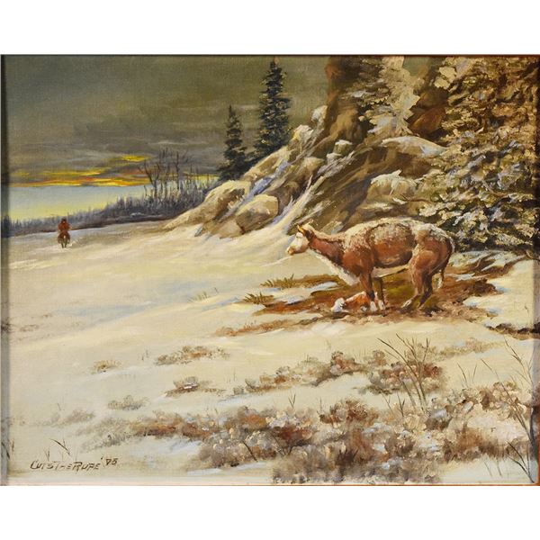 Cuts the Rope, Clarence, original oil on canvas, Found  After the Blizzard, 15" x 19.5", framed, 197