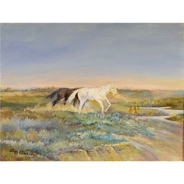 Cheek, C. R., original oil on canvas, The Bands War Ponies, 18" x 24", framed, signed lower left