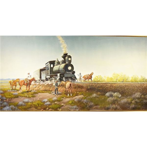 Cuts the Rope, Clarence, original oil on canvas, Kid Currie Train Robbery - Wagner, MT, 24" x 48", f