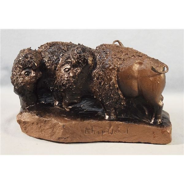 Chopwood, Hank (Hays, MT), sand stone sculpture, Two Buffalo, 5" x 9" x 5"