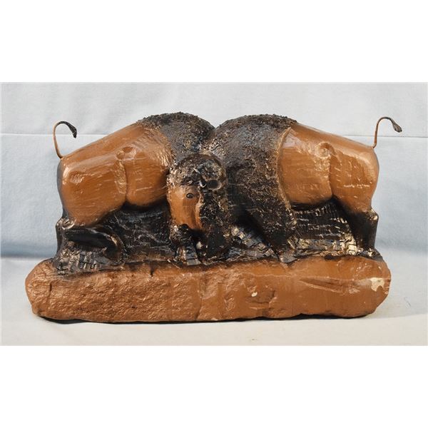 Chopwood, Hank (Hays, MT), sand stone sculpture, Buffalo Bulls Fighting, 10" x 18" x 7"