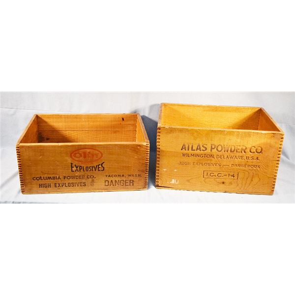 2 pcs: Columbia Powder Co. crate, Tacoma, WA, 8" x 18" x 13" & Atlas Powder Co. explosive crate, Wil