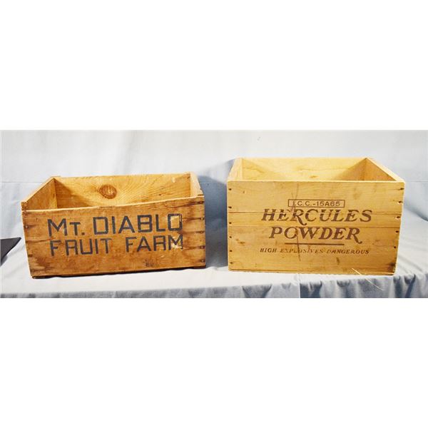 2 pcs: Mt Diablo Fruit Farm crate, 9" x 19.25" x 12.5" & Hercules Powder crate, 10.5" x 18.5" x 14.5