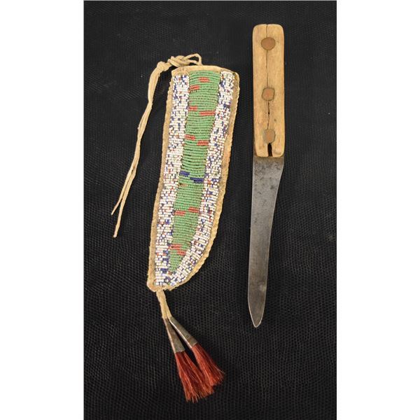 Beaded parfleche sheath w/ knife. 10.5" long
