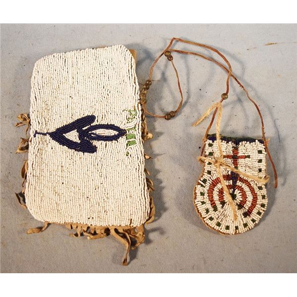 2 pcs: N. Plains small beaded bag, 4.5" x 3" & beaded hip pouch 9" x 5"