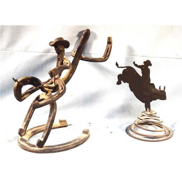 2 pcs of shop made metal art: Bull Rider metal cut out & Horseshoe bronc rider