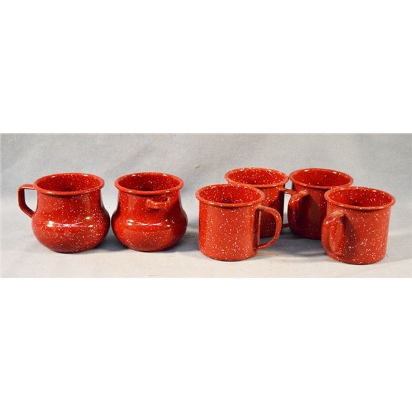 Enamelware plates and mugs, (8) black plates, (11) black mugs, (4) red mugs, red sugar & creamer