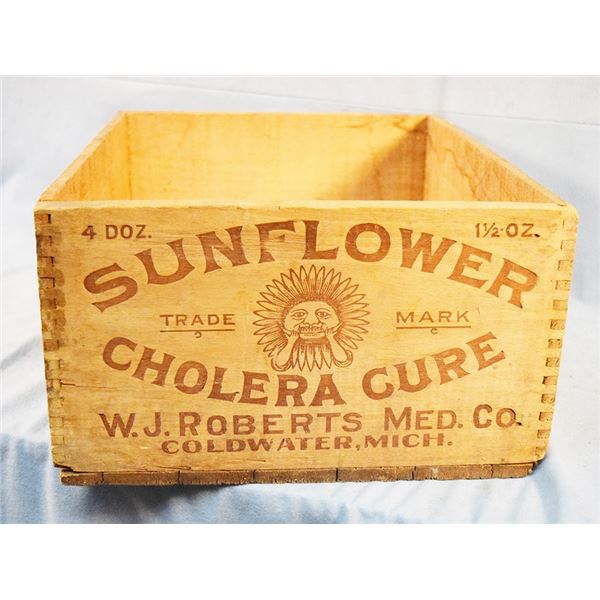 W.J. Roberts Med Co. Sunflower Cholera Cure crate, Coldwater, Mich, 7" x 15.5" x 12.25