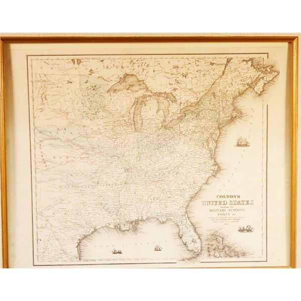 Coltons United States Map showing the Military Stations Ports, 1861, 15" x 19", framed