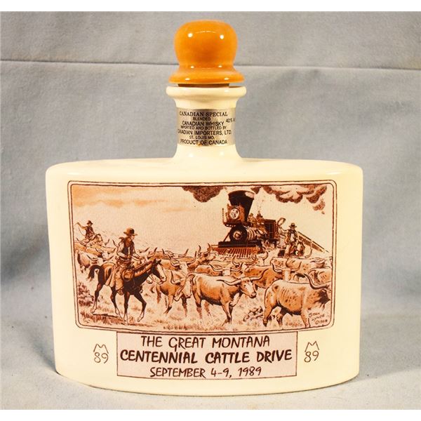 2 pcs: 1989 Montana Centennial Cattle Drive whiskey decanter, full & 1940's Dude Rancher's Conventio
