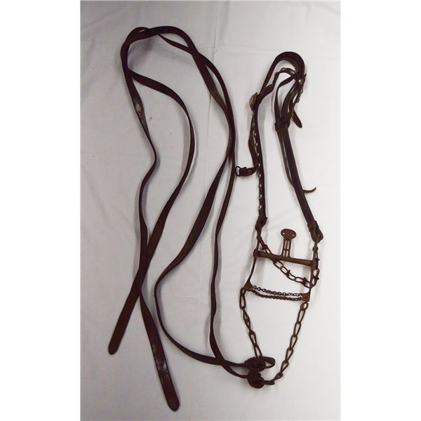 Vintage studded headstall with Buermann iron spade bit, rein chains, slobber chains, vintage horsehe