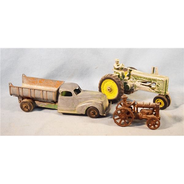 3 pcs: John Deere toy tractor with broken wheel; small Hubley Kids dump truck & small cast iron trac