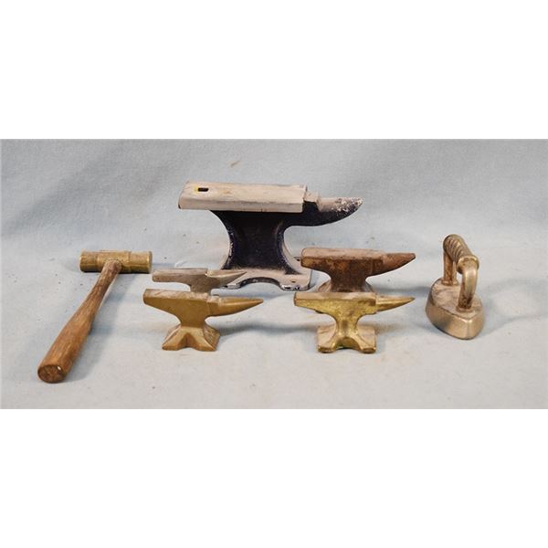 8 pcs: (5) miniature anvils, small flat iron & small hammer and Mini iron walking plow with double t