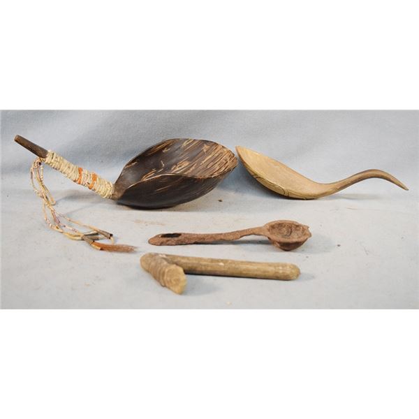 4 pcs: (2) Spoons/ladles made from horn; cast iron spoon & small scraper