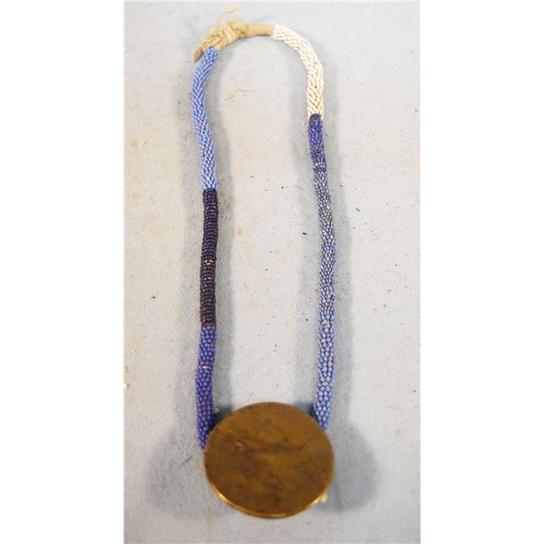 2 pcs: Blue padre beads, circa 1700's & blue beaded necklace with brass headstall conchos
