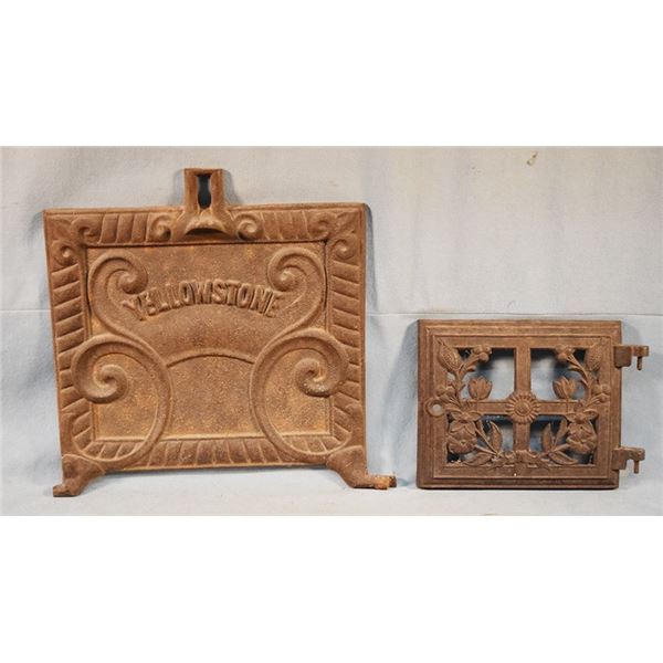 2 pcs: Yellowstone and ornate leaf pattern cast iron stove fronts
