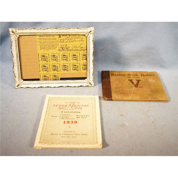 3 pcs: Ration book holder; framed WWII gas ration stamps & The Systementary Year Book - 1939 from Me