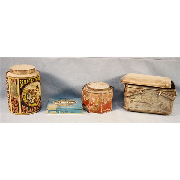 (4) Vintage tobacco tins: Chancellor Tobacco, North Caolina Plug Co., Velvet Tobacco & Union Leader 