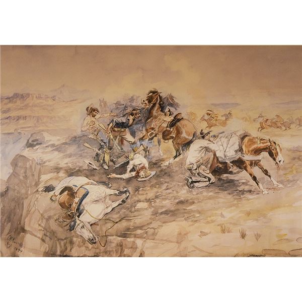 Russell, C. M. print, The Last Stand, 17.5" x 23.5", framed and 80+/- Vintage postcards