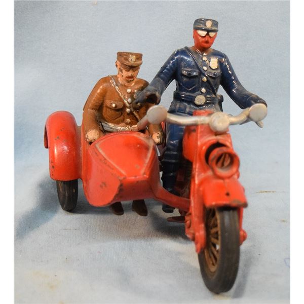 Cast iron toy motorcyle w/sidecar and riders, original paint, 5.5" tall, very nice