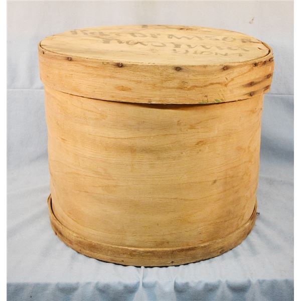 Round wooden cheese box w/lid, 13" h x 16" diameter, "R. L. Bronson, Nashua, MT"