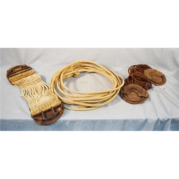 3 items: 2 vintage saddle cinches, 1 horsehair, 1 manila lariat