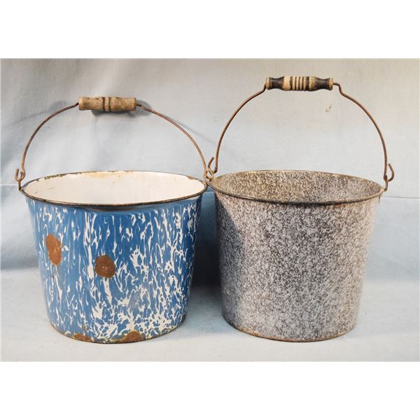 (2) Enamelware Buckets and (7) Purple glass bottles, assorted sizes and shapes